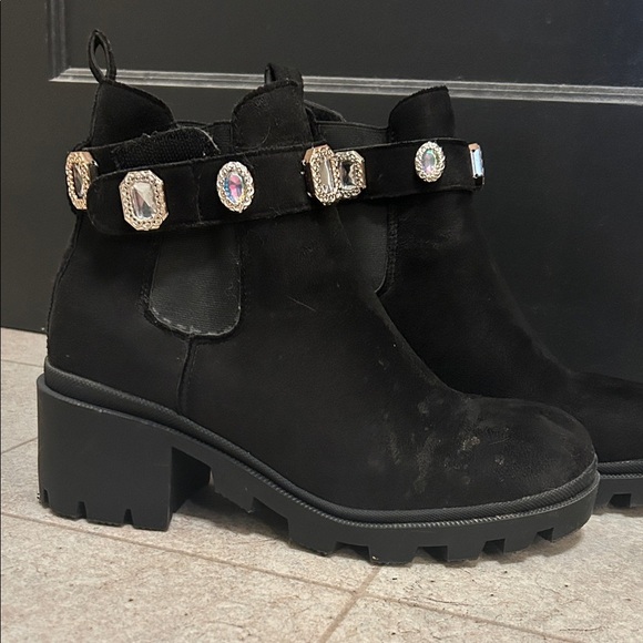 Black Suede Ankle Boots with Gold Accents - Picture 2 of 2